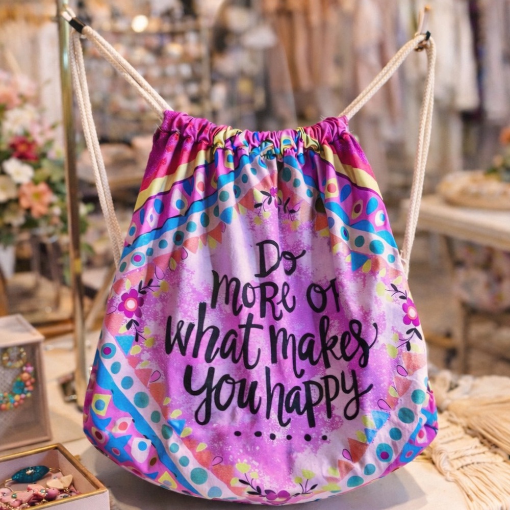 Boho Pink Drawstring Backpack | Festival Concert Travel Bag